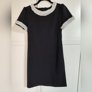 VTG Betsey Johnson Black Scuba Crepe Pearl Jewel Trim Short Sleeve Dress sz 4